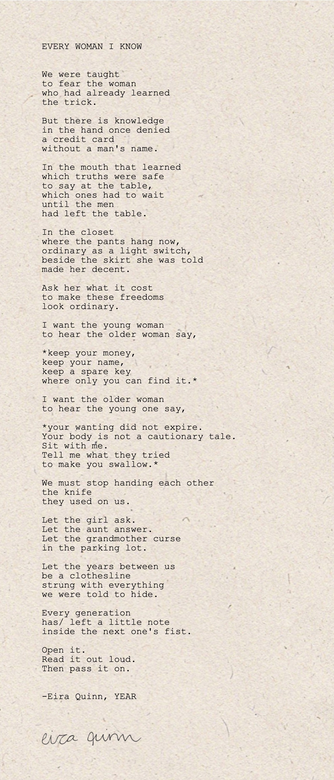 Mockup of "Every Woman I Know" hand-typed on a custom 6 by 14 inch sheet of handmade paper